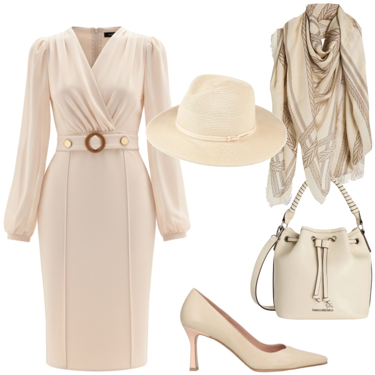 Outfit donna - Bianco che si fa notare. Stile Chic per Cerimonia. Abbinamento con cappelli, sciarpe, décolleté, borse a secchiello, vestiti a tubino.