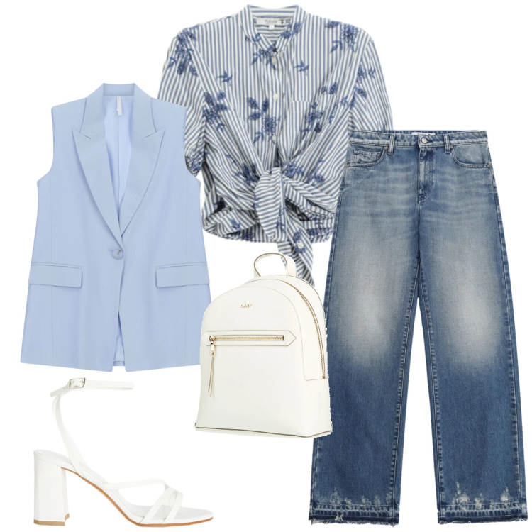 Outfit donna - Total look #2378840. Stile Casual chic per Tutti i giorni. Abbinamento con zaini, jeans, camicie a manica corta, sandali in pelle, gilet.