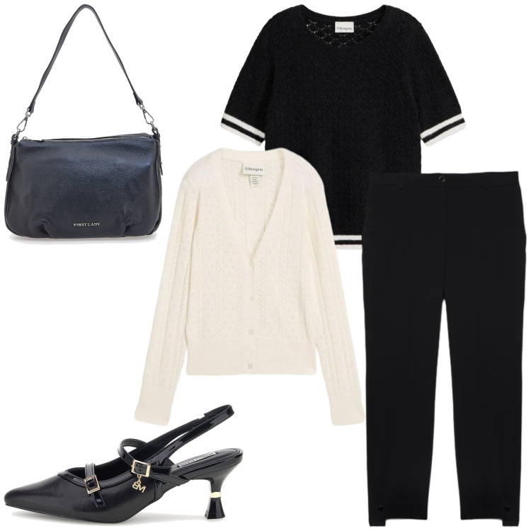 Outfit donna - Total look #2378842. Stile Bon Ton per Ufficio. Abbinamento con t-shirt, cardigans, pantaloni, décolleté, borse a spalla.