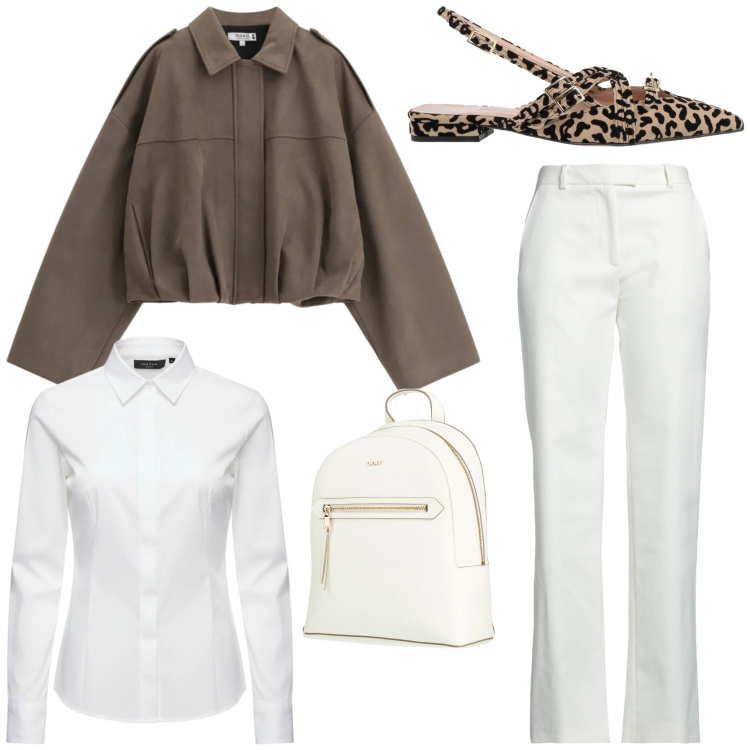 Outfit donna - Primavera stilosa in città. Stile Chic per Tutti i giorni. Abbinamento con zaini, ballerine, pantaloni, bomber, camicie.
