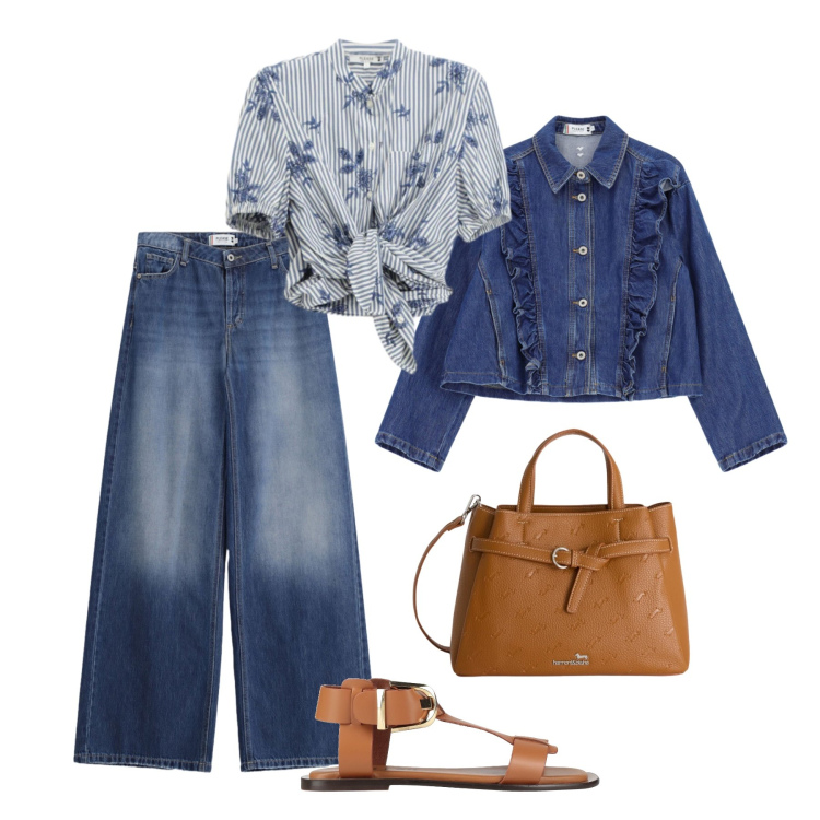 Outfit donna - Primavera denim. Stile Casual per Tutti i giorni. Abbinamento con sandali alla schiava, jeans, camicie a manica corta, blazer, borse a mano.