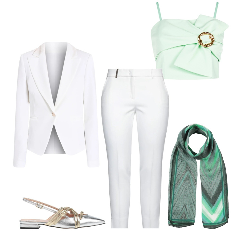 Outfit donna - Total look #2378848. Stile Chic per Serata fuori. Abbinamento con pantaloni, sciarpe, ballerine, blazer, top.