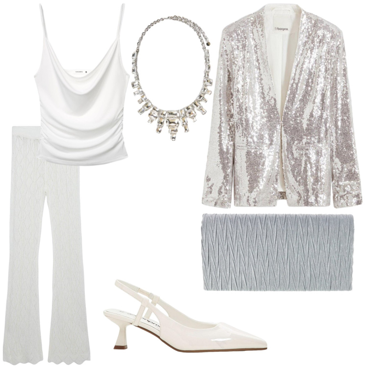 Outfit donna - Bianco/argento. Stile Sporty chic per Cerimonia. Abbinamento con décolleté, blazer, collane, pantaloni, canottiere, borse a tracolla.