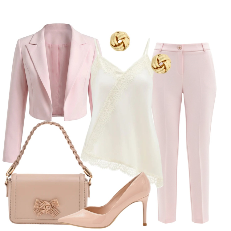 Outfit donna - Etereo tailleur. Stile Chic per Tutti i giorni. Abbinamento con canottiere, pantaloni, pochette, décolleté, bolero, orecchini.