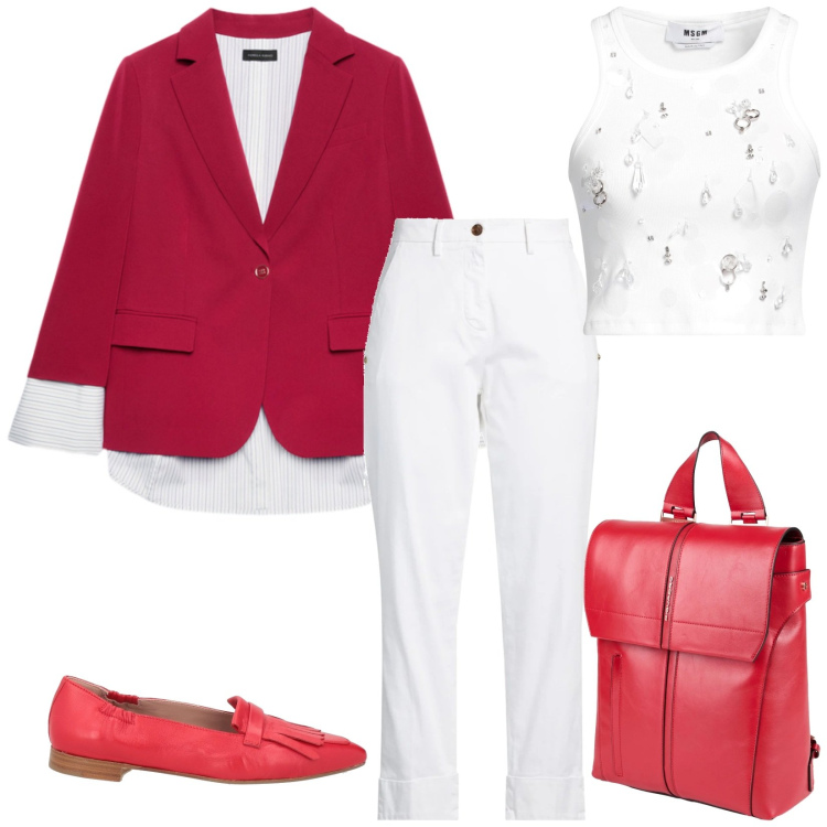 Outfit donna - Total look #2378853. Stile Casual chic per Serata fuori. Abbinamento con top, zaini, pantaloni, mocassini, blazer.