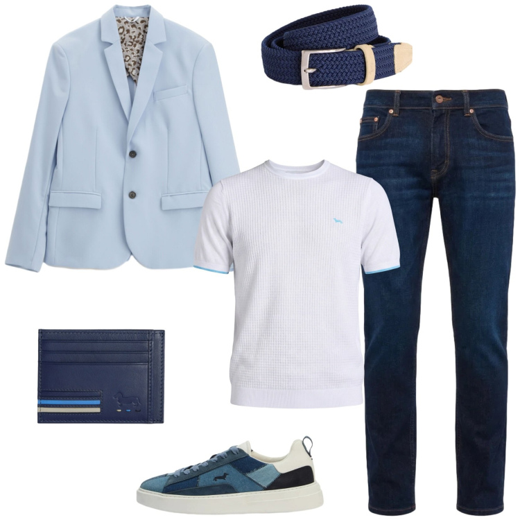 Outfit uomo - Giacca leggera di stagione. Stile Casual per Tutti i giorni. Abbinamento con giacche, cinture, portafogli, t-shirt, jeans, sneakers.