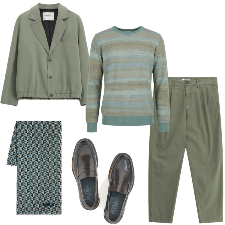 Outfit uomo - Giacca leggera di stagione. Stile Casual per Tutti i giorni. Abbinamento con sciarpe, pullovers, pantaloni, giacche, scarpe stringate.