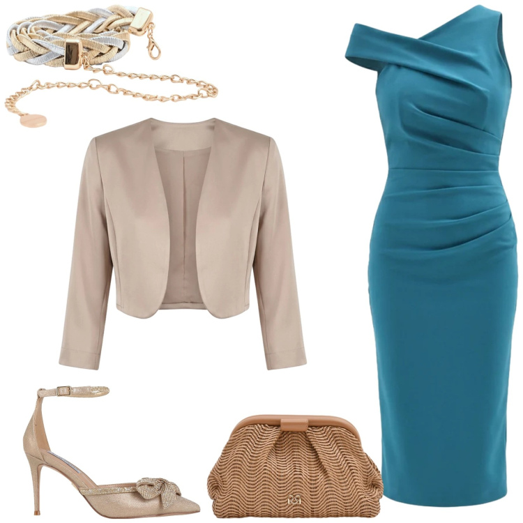Outfit donna - Total look #2378859. Stile Glamour per Cerimonia. Abbinamento con décolleté, cinture, vestiti asimmetrici, pochette, blazer.