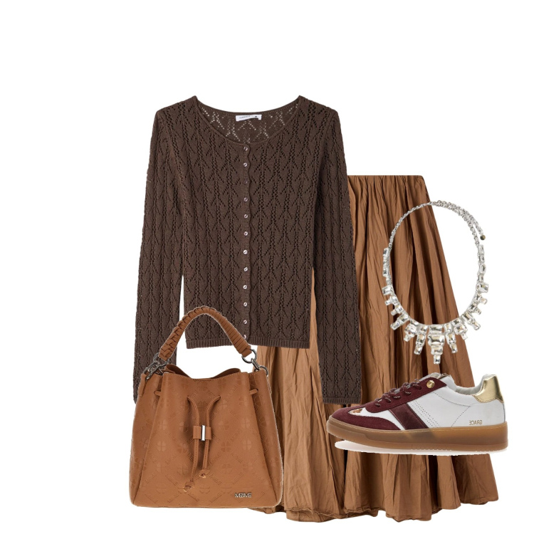 Outfit donna - Total look #2378863. Stile Casual per Scuola/Università. Abbinamento con cardigans, gonne lunghe, collane, sneakers, borse a tracolla.