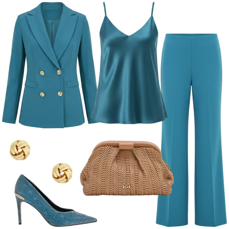 Outfit donna - Tailleur Rinascimento. Stile Chic per Cerimonia. Abbinamento con décolleté, pantaloni a palazzo, blazer, canottiere, pochette, orecchini.