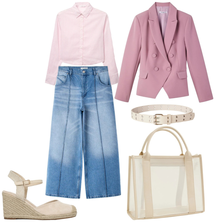 Outfit donna - Rosa d\'oriente. Stile Casual per Ufficio. Abbinamento con jeans, blazer, borse tote, camicie, zeppe, cinture.