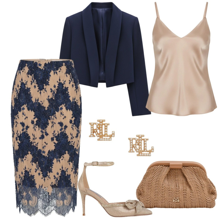 Outfit donna - Tailleur Rinascimento. Stile Chic per Cerimonia. Abbinamento con décolleté, orecchini, gonne longuette, canottiere, bolero, pochette.