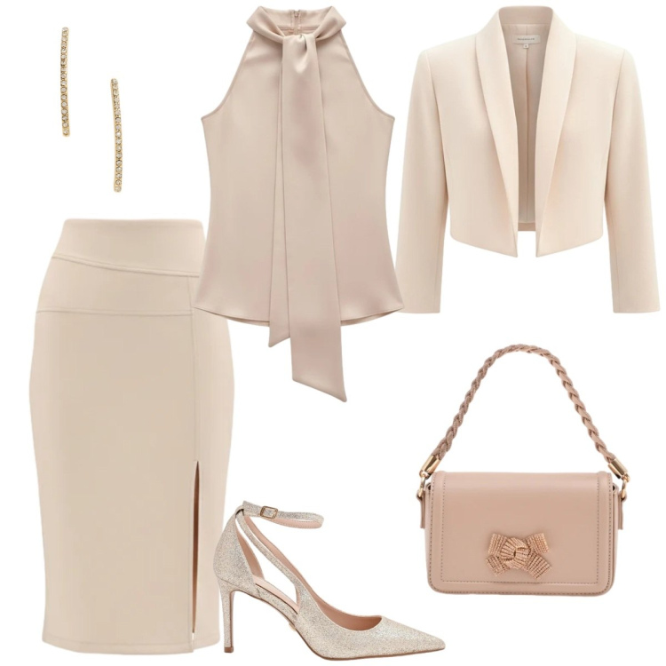 Outfit donna - Tailleur Rinascimento. Stile Chic per Cerimonia. Abbinamento con gonne longuette, top, décolleté, pochette, bolero, orecchini.