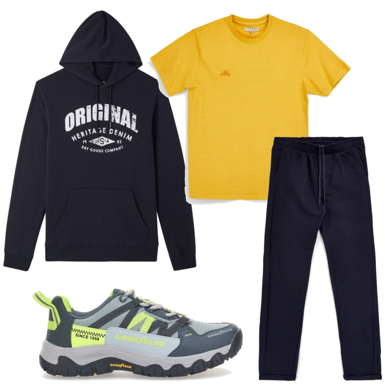 Outfit uomo - Total look #2378875. Stile Urban per Tutti i giorni. Abbinamento con felpe con cappuccio, t-shirt, stivali e stivaletti, pantaloni.