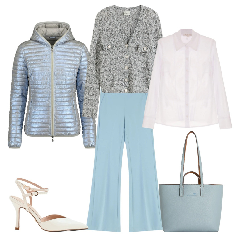 Outfit donna - Total look #2378877. Stile Bon Ton per Ufficio. Abbinamento con cardigans, pantaloni, décolleté, camicie, shopping bag, piumini.