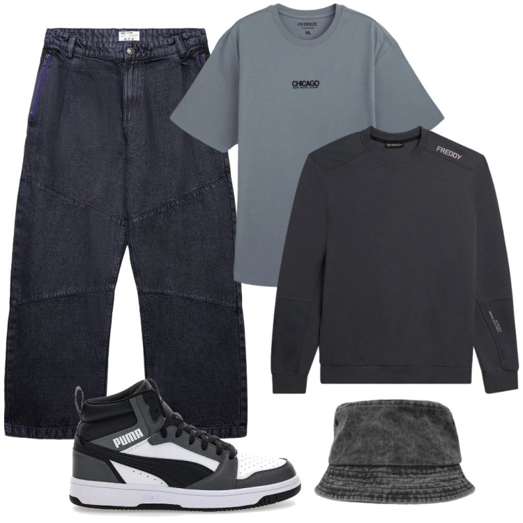 Outfit uomo - @ grigio. Stile Urban per Tutti i giorni. Abbinamento con jeans dritti, t-shirt, cappelli, felpe, sneakers alte.