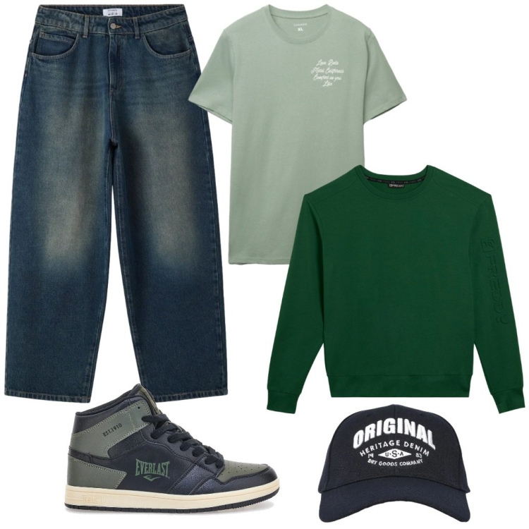 Outfit uomo - #poche.cose. Stile Urban per Tutti i giorni. Abbinamento con jeans, t-shirt, cappelli con visiera, felpe, sneakers alte.