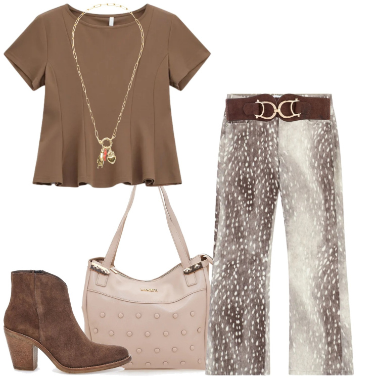 Outfit donna - Colore della terra. Stile Casual per Tutti i giorni. Abbinamento con cinture, pantaloni, top, ciondoli, shopping bag, stivaletti.