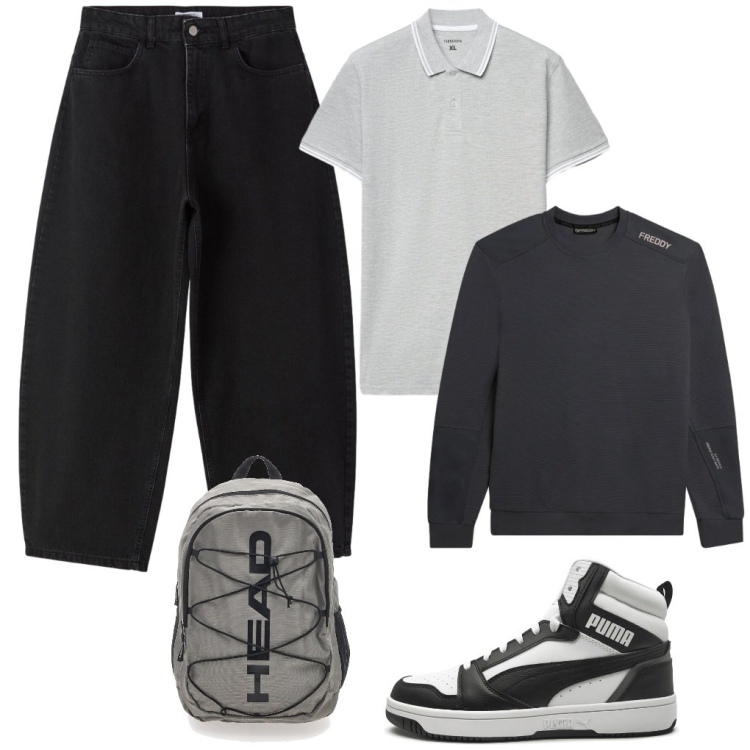 Outfit uomo - #a.lezione. Stile Urban per Tutti i giorni. Abbinamento con jeans, polo, felpe, borse sportive, sneakers alte.