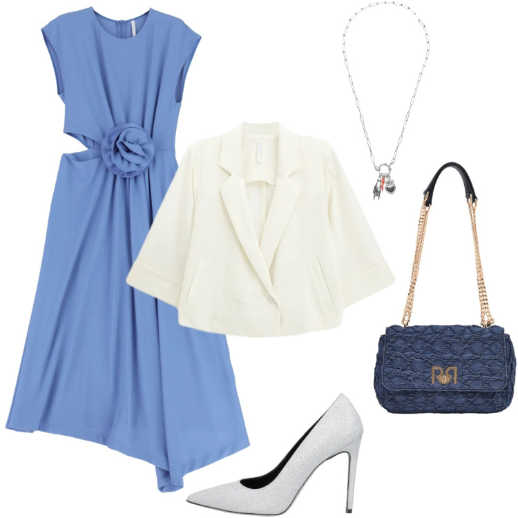Outfit donna - Total look. Stile Casual chic per Serata fuori. Abbinamento con décolleté, vestiti midi/longuette, blazer, borse a spalla, ciondoli.