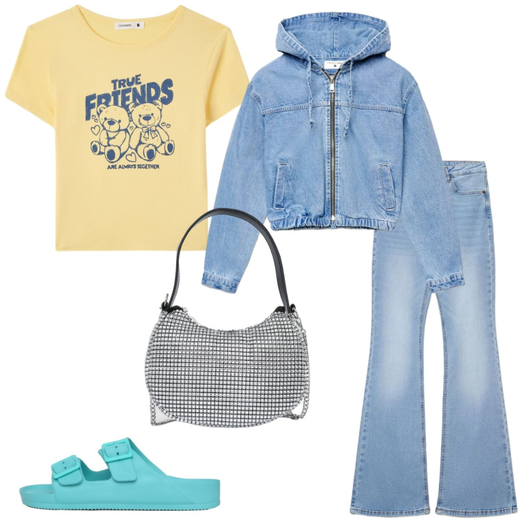 Outfit donna - Casual Terranova. Stile Casual per Tutti i giorni. Abbinamento con jeans a zampa, bomber, t-shirt, ciabatte, borse a spalla.
