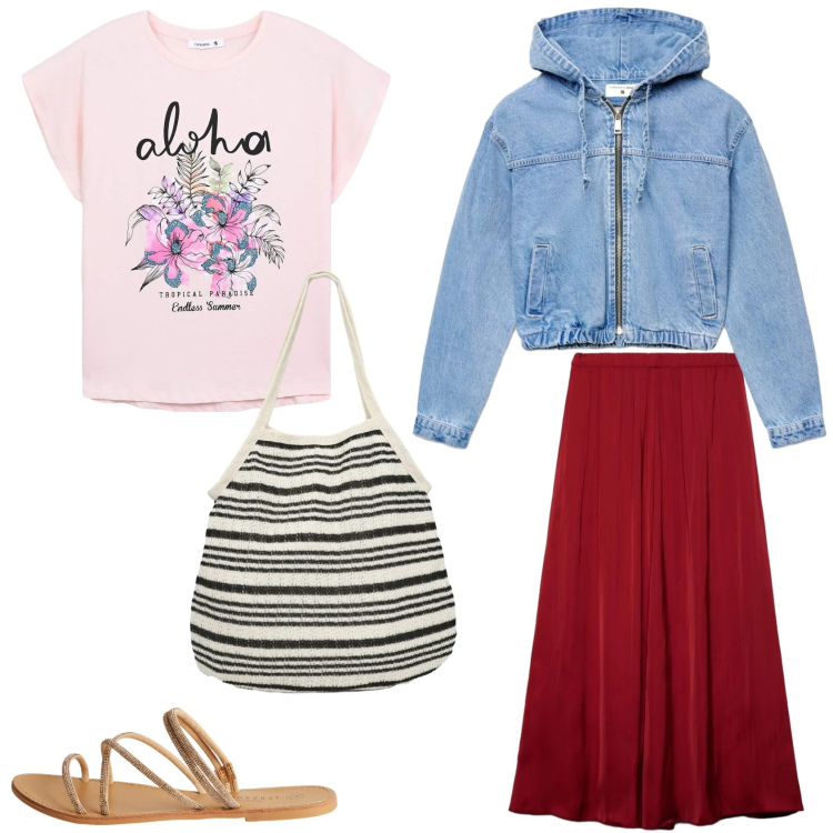 Outfit donna - Terranova Spring. Stile Boho per Tutti i giorni. Abbinamento con gonne longuette, t-shirt, bomber, shopping bag, sandali.