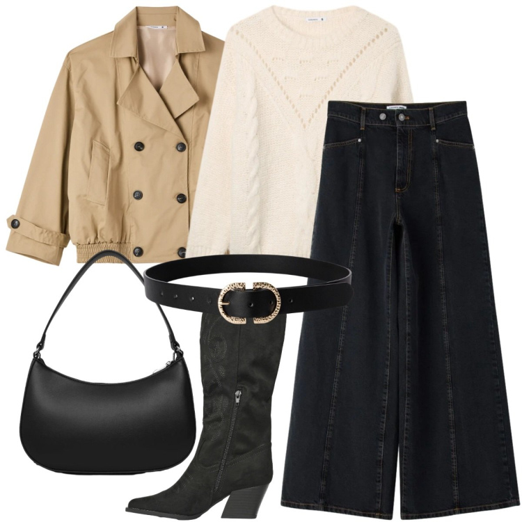 Outfit donna - Terranova spring deal. Stile Casual chic per Ufficio. Abbinamento con jeans, cinture, maglieria, trench, stivali, borse a tracolla.