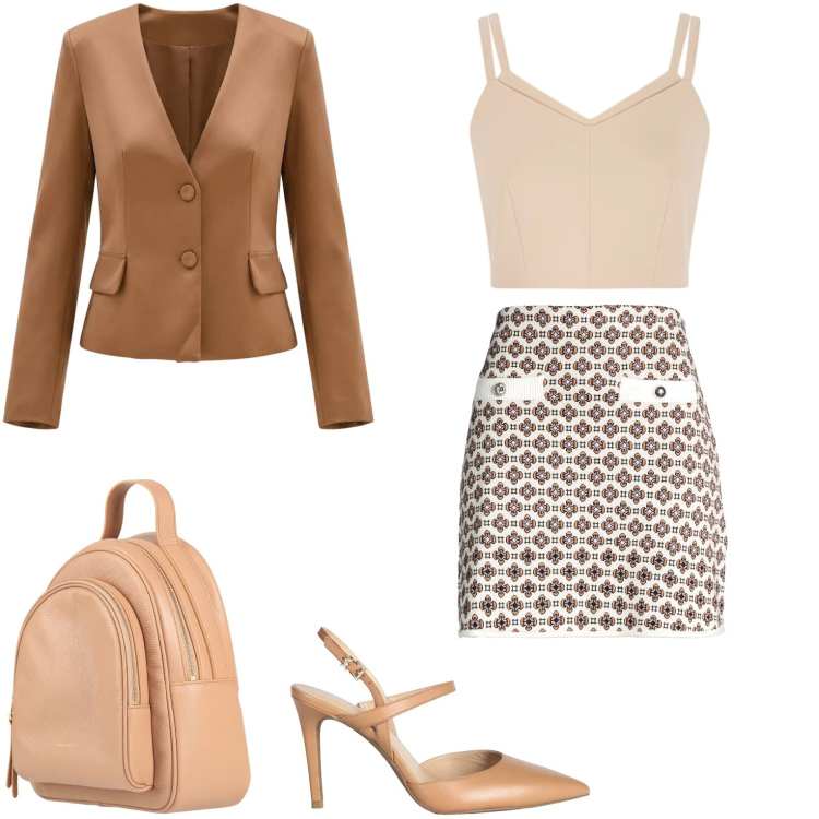Outfit donna - Serata. Stile Casual chic per Serata fuori. Abbinamento con décolleté, zaini, minigonne, blazer, top.