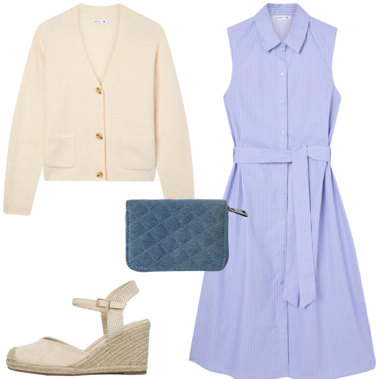 Outfit donna - Outfit Terranova. Stile Bon Ton per Tutti i giorni. Abbinamento con vestiti chemisier, portafogli, zeppe, cardigans.