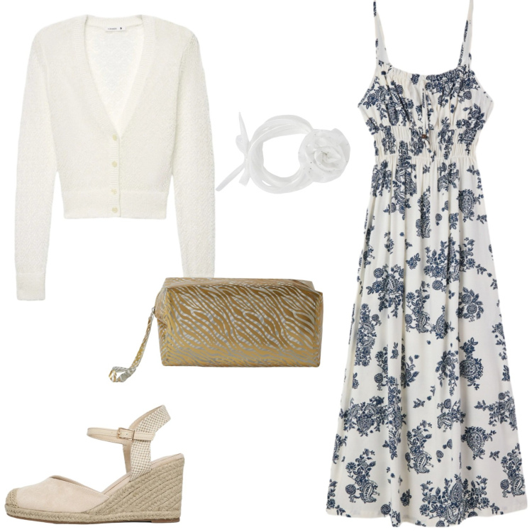Outfit donna - Outfit di primavera Terranova. Stile Romantica per Tutti i giorni. Abbinamento con vestiti lunghi, valigie, cardigans, collane, zeppe.