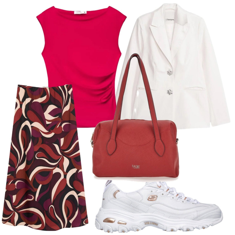 Outfit donna - Gonna midi con stampa. Stile Glamour per Tutti i giorni. Abbinamento con gonne longuette, blazer, t-shirt, borse a spalla, sneakers.