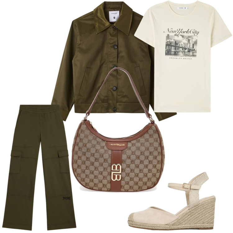 Outfit donna - Trend di stagione. Stile Glamour per Tutti i giorni. Abbinamento con t-shirt, zeppe, cappotti, pantaloni cargo, borse a spalla.