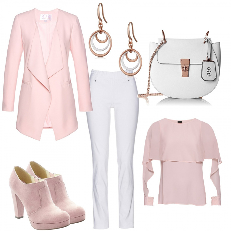 Outfit donna - Cerimonie di primavera. per Cerimonia. Abbinamento con pantaloni, blusa, spolverino, tronchetti, borsa a tracolla bianco, orecchini a pendolo.