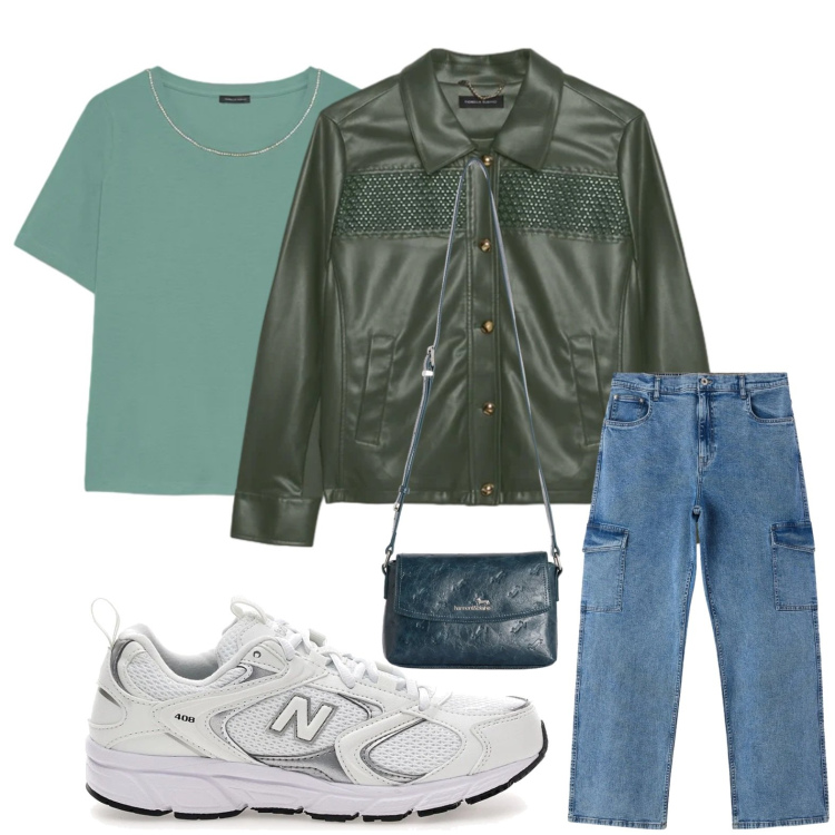 Outfit donna - Pelle e jeans. Stile Minimal per Tutti i giorni. Abbinamento con jeans dritti, borse a tracolla, blazer, t-shirt, sneakers.
