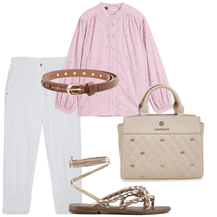 Outfit donna - Camicia e sandali. Stile Minimal per Tutti i giorni. Abbinamento con camicie, cinture, pantaloni, sandali in pelle, borse a mano.