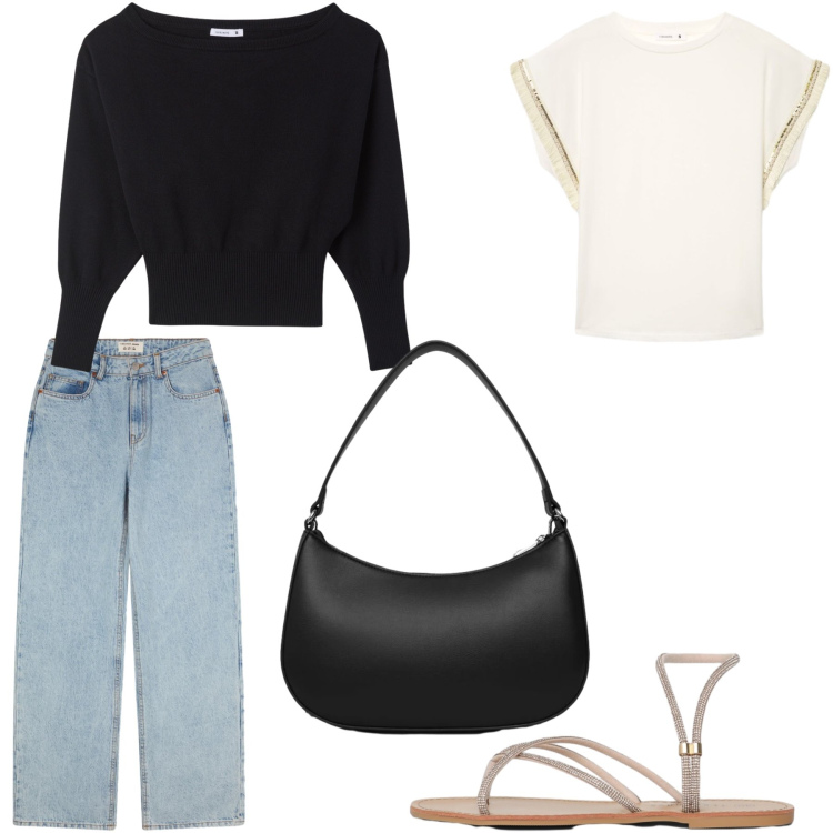 Outfit donna - Casual. Stile Casual chic per Tutti i giorni. Abbinamento con t-shirt, pullovers, jeans, sandali, borse a tracolla.