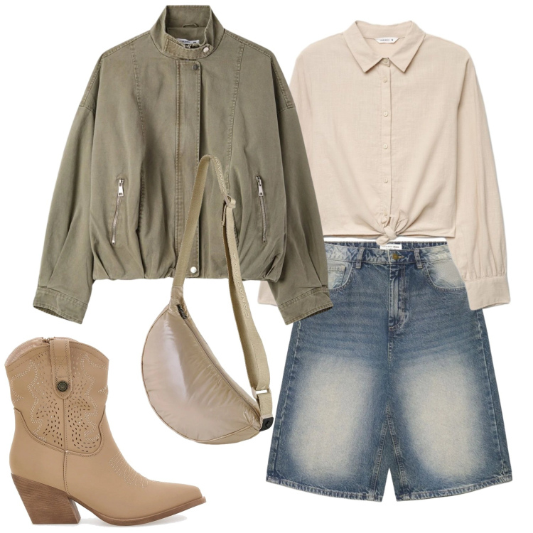 Outfit donna - Safari Urbano Chic 🤎. Stile Urban per Tutti i giorni. Abbinamento con camicie, pantaloni corti, bomber, braccialetti, borse a tracolla, stivaletti texani.