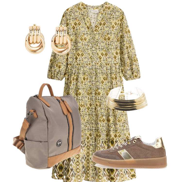 Outfit donna - Total look #2378945. Stile Casual per Tutti i giorni. Abbinamento con vestiti midi/longuette, orecchini, braccialetti, sneakers, zaini.