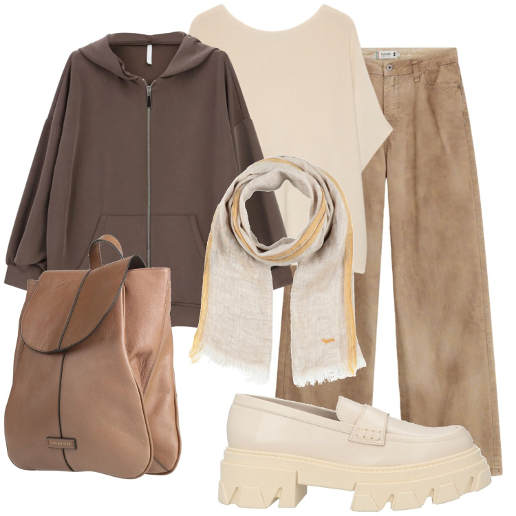 Outfit donna - Toni da viaggio. Stile Casual chic per Tutti i giorni. Abbinamento con zaini, mocassini, sciarpe, t-shirt, pantaloni a palazzo, felpe con cappuccio.