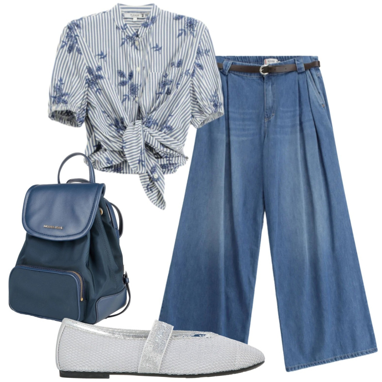 Outfit donna - Camicia annodata. Stile Casual chic per Scuola/Università. Abbinamento con ballerine, zaini, jeans, camicie a manica corta.