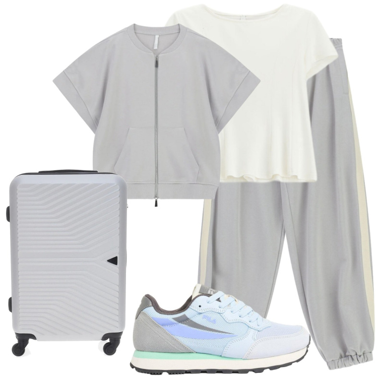 Outfit donna - Volo alle 7.45. Stile Casual chic per Tutti i giorni. Abbinamento con sneakers, top, pantaloni, piumini, valigie.