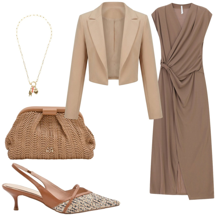 Outfit donna - Abito nocciola. Stile Chic per Cerimonia. Abbinamento con vestiti lunghi, décolleté, pochette, bolero, ciondoli.