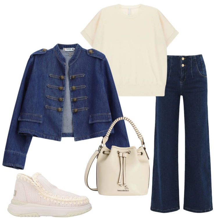 Outfit donna - Giacca stile Napoleone. Stile Casual chic per Ufficio. Abbinamento con stivaletti, t-shirt, jeans, blazer, borse a secchiello.