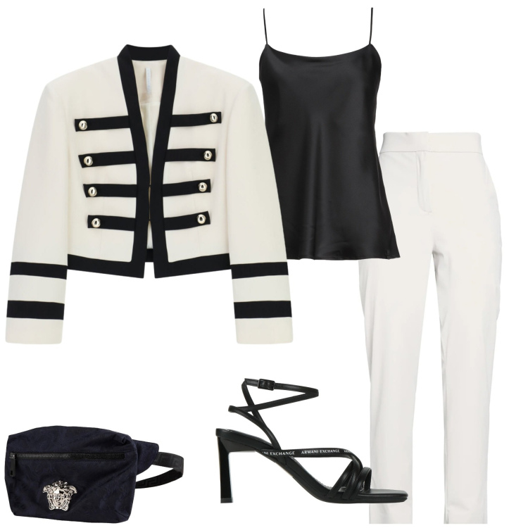 Outfit donna - Giacca stile Napoleone. Stile Casual chic per Cerimonia. Abbinamento con pantaloni, marsupi, top, sandali col tacco, blazer.
