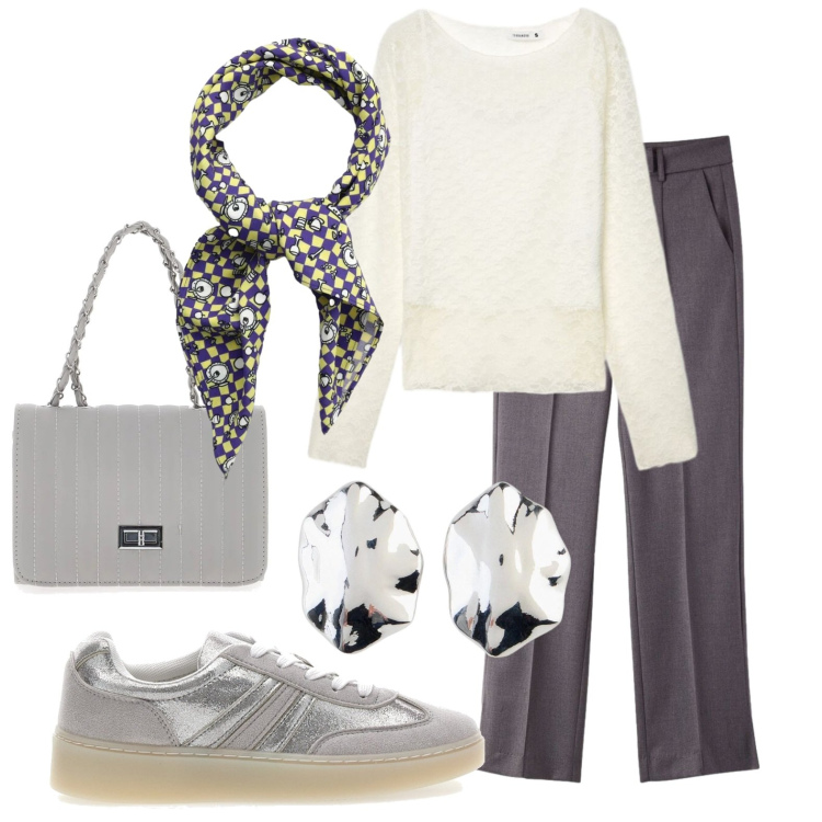 Outfit donna - Grigio in primavera. Stile Urban per Ufficio. Abbinamento con orecchini, t-shirt, foulard, pantaloni, sneakers, borse a tracolla.