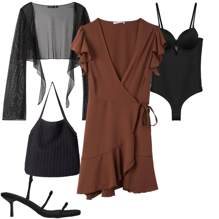 Outfit donna - Terranova spring deals. Stile Romantica per Serata fuori. Abbinamento con vestiti corti, blazer, body, shopping bag, sandali col tacco.