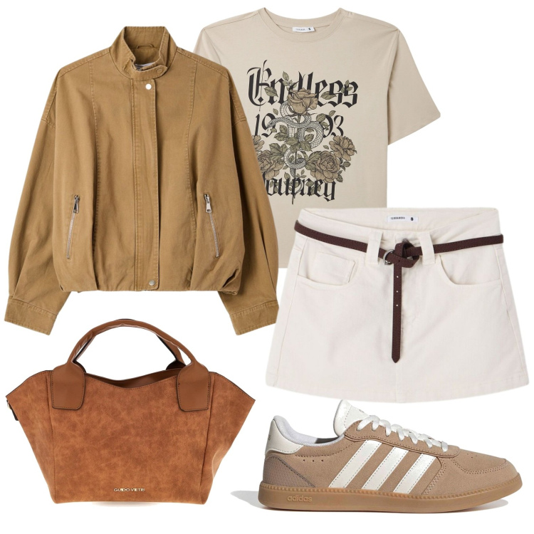 Outfit donna - Minigonna e sneakers. Stile Urban per Scuola/Università. Abbinamento con minigonne, bomber, t-shirt, borse a mano, sneakers.