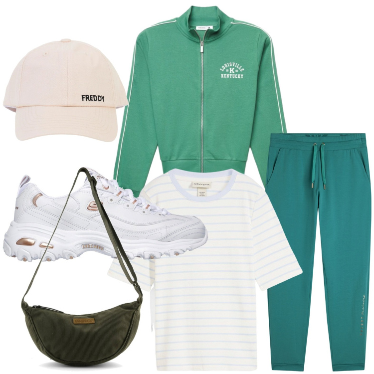 Outfit donna - Sportiva. Stile Sporty chic per Tutti i giorni. Abbinamento con t-shirt, felpe, cappelli con visiera, pantaloni, borse a tracolla, sneakers.