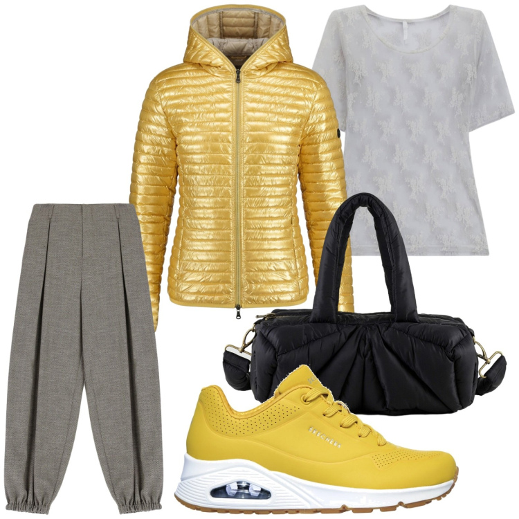 Outfit donna - Sporty gold. Stile Glamour per Tutti i giorni. Abbinamento con t-shirt, pantaloni a palazzo, piumini, borse a mano, sneakers.