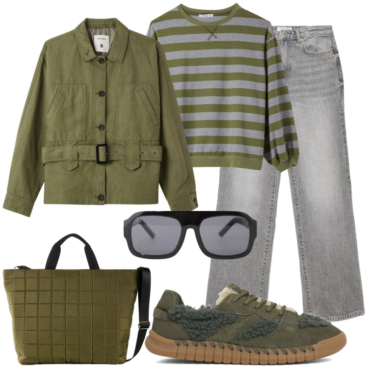 Outfit donna - Giacca sahariana. Stile Casual per Scuola/Università. Abbinamento con shopping bag, t-shirt, cappotti, jeans dritti, occhiali da sole, sneakers.